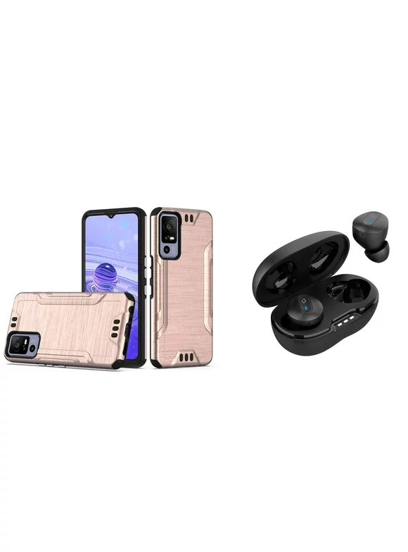 BEMZ Phone Case for TCL 40 X 5G/TCL 40 XE 5G with Slim Dual Layer Impact Resistant Brushed Metal Magnetic Protective Cover, Wireless Earbuds with Charging Case - Rose Gold Pink