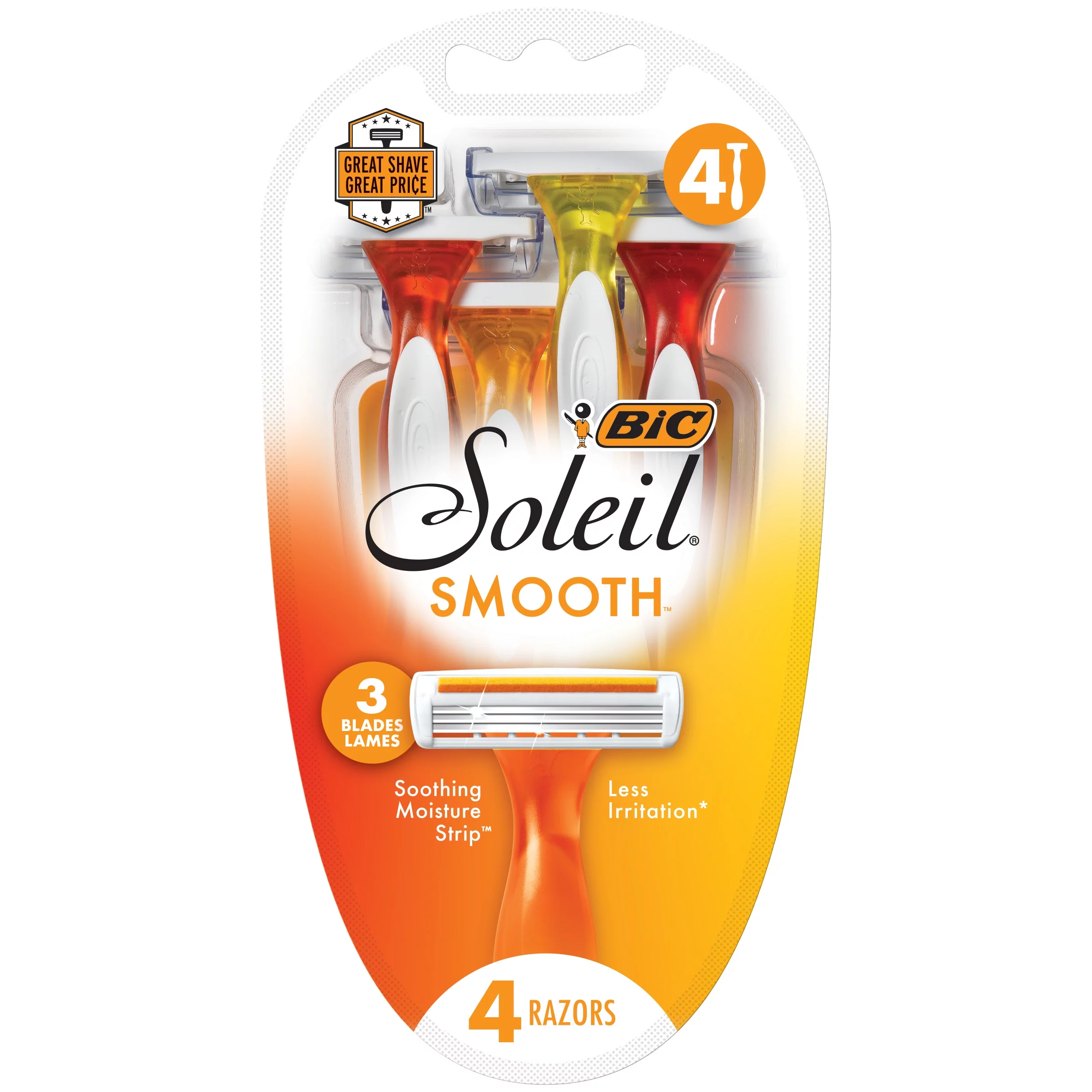 BIC Soleil Smooth Women's Disposable Razors, 3 Blades with Silky Moisture Strip, 4-Count