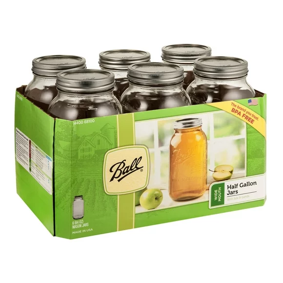 Ball Wide Mouth 64oz Half Gallon Mason Jars with Lids & Bands, 6 Count