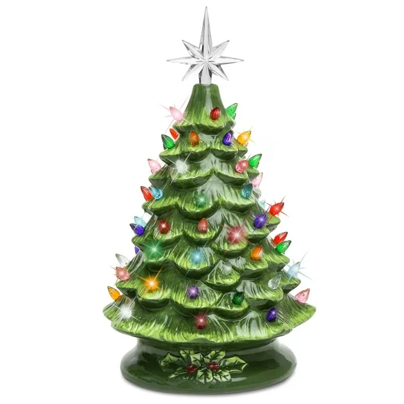 Best Choice Products 15in Ceramic Christmas Tree, Pre-lit Hand-Painted Holiday Decor w/ 64 Lights - Green w/ Multicolor Bulbs