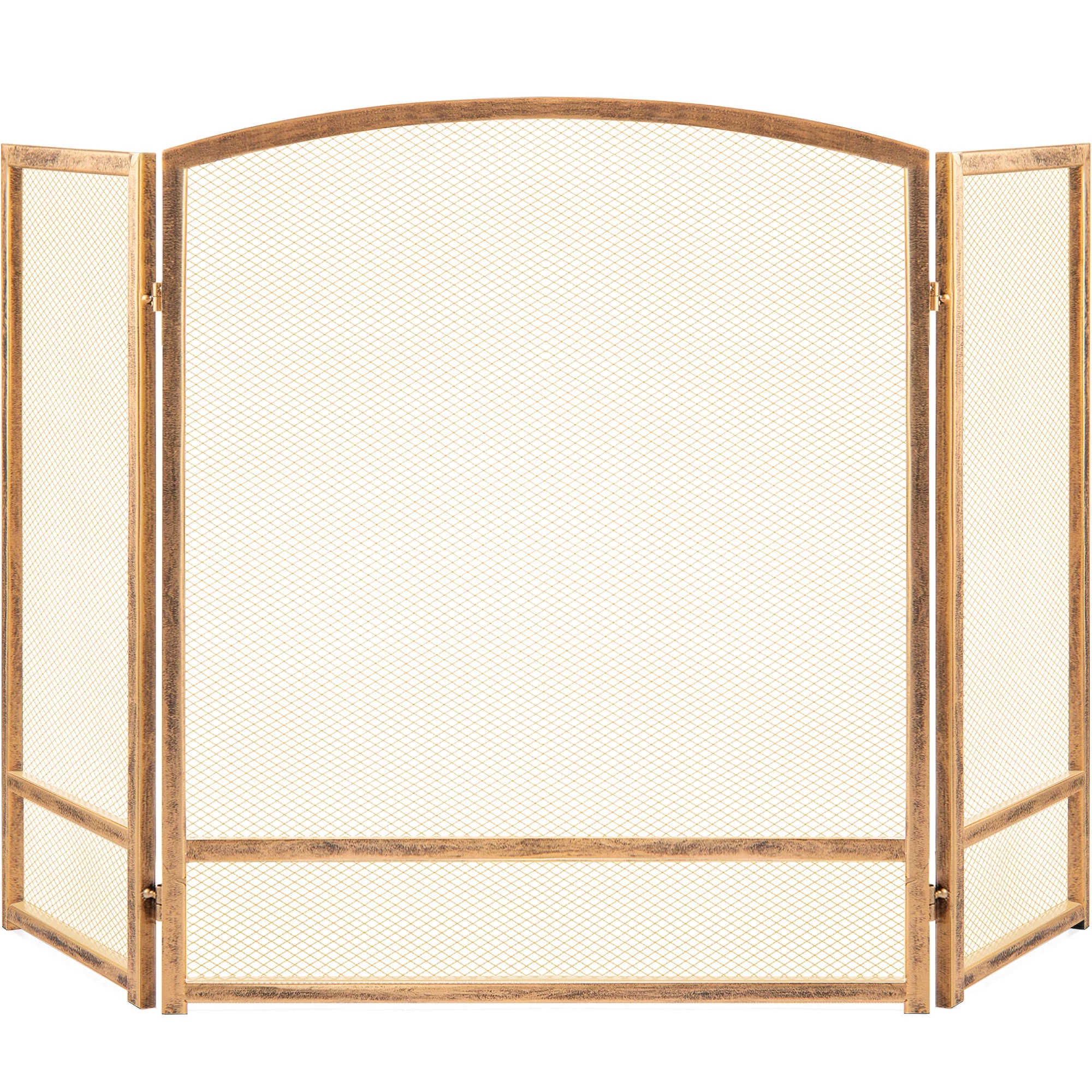 Best Choice Products 47x29in 3-Panel Steel Mesh Fireplace Screen, Spark Guard w/ Rustic Worn Finish - Antique Gold