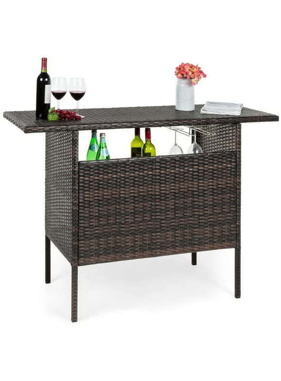 Best Choice Products Outdoor Patio Wicker Bar Counter Table w/ 2 Steel Shelves, 2 Sets of Rails - Brown