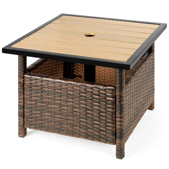 Best Choice Products Wicker Rattan Patio Side Table Outdoor Furniture for Garden, Pool, Deck w/ Umbrella Hole - Brown