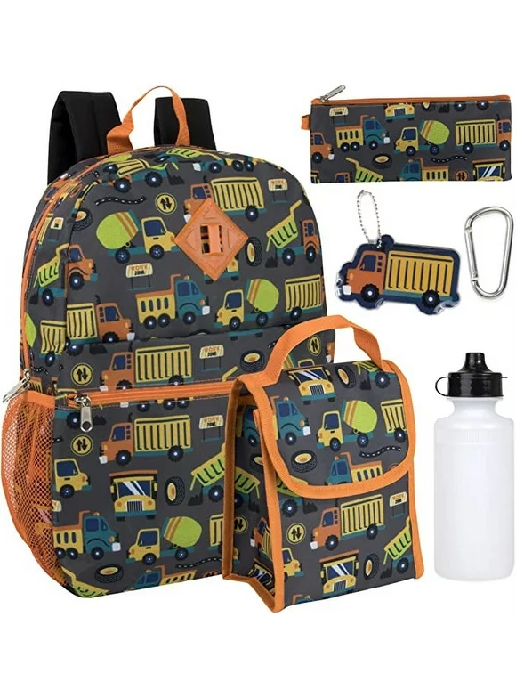Boys 16"L 6 in 1 Backpack with Matching Lunch Bag, Pencil Case, Water Bottle, Keychain & Accessories for School, Camp, Commuting and Travel in Construction Trucks