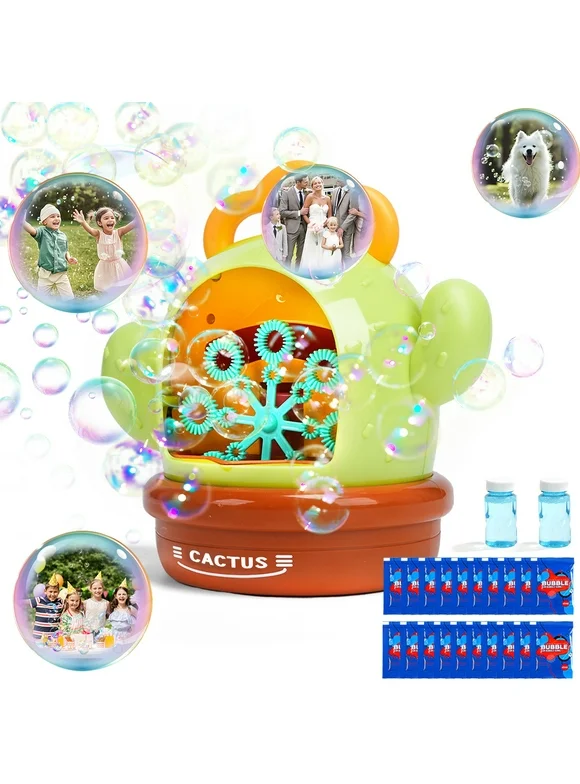 Cactus Bubble Machine ,Automatic Bubble Maker for Kids & Toddlers Outdoor Fun,500-1000 Bubbles Per Minute,With Music And Lights,Green,Christmas Gifts