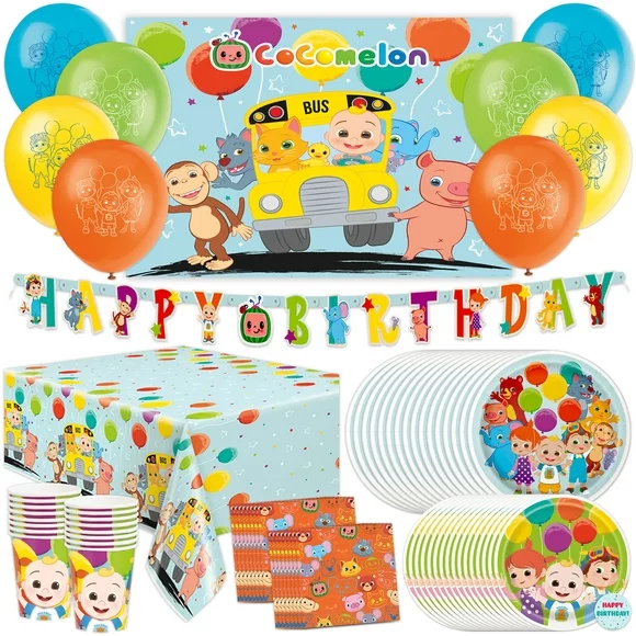 CoComelon Birthday Party Supplies and Decorations - Balloons, Backdrop, Banner, Tablecloth, Plates, Cups, Napkins, Sticker