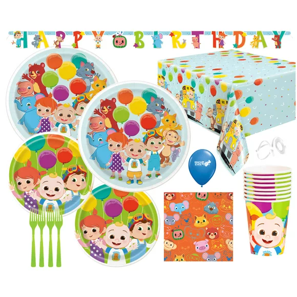 Cocomelon Birthday Party Supplies with Luncheon Plates, Cake Plates, Napkins, Table Cover, Cups, Birthday Banner, and Forks for 16 Guests