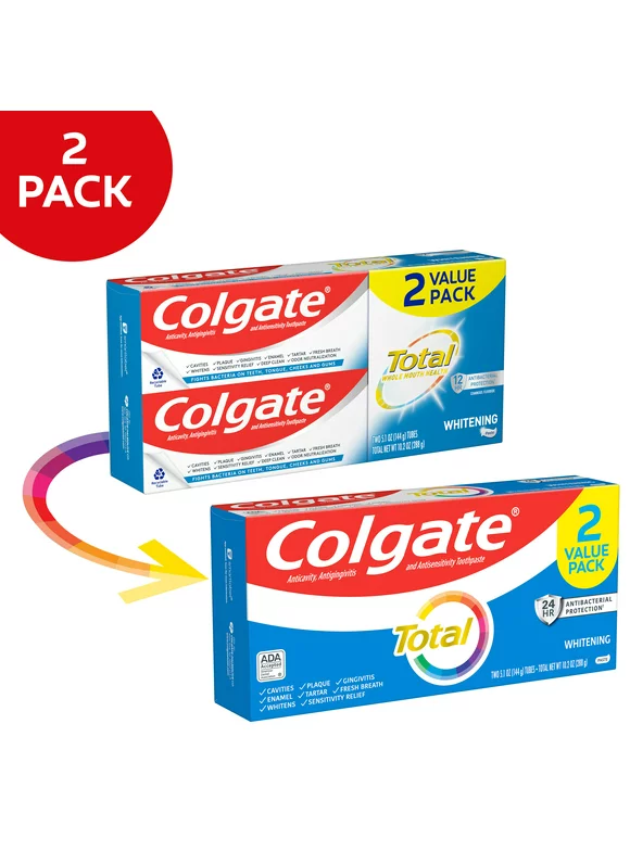 Colgate Total Whitening Toothpaste, Mint, 2 Pack, 5.1 Oz Tubes