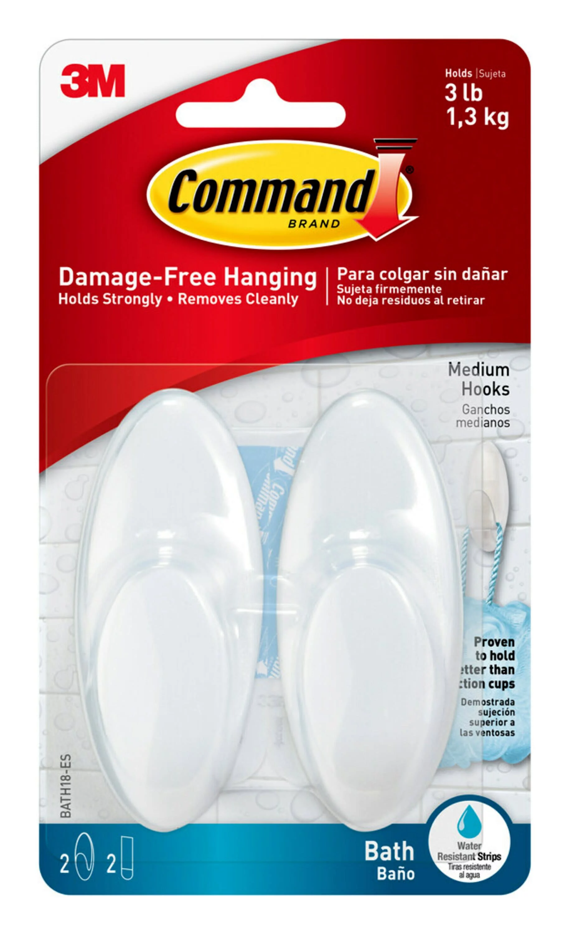 Command Medium Bath Hooks, Frosted, 2 Wall Hooks, 2 Water Resistant Strips, Bathroom Organization
