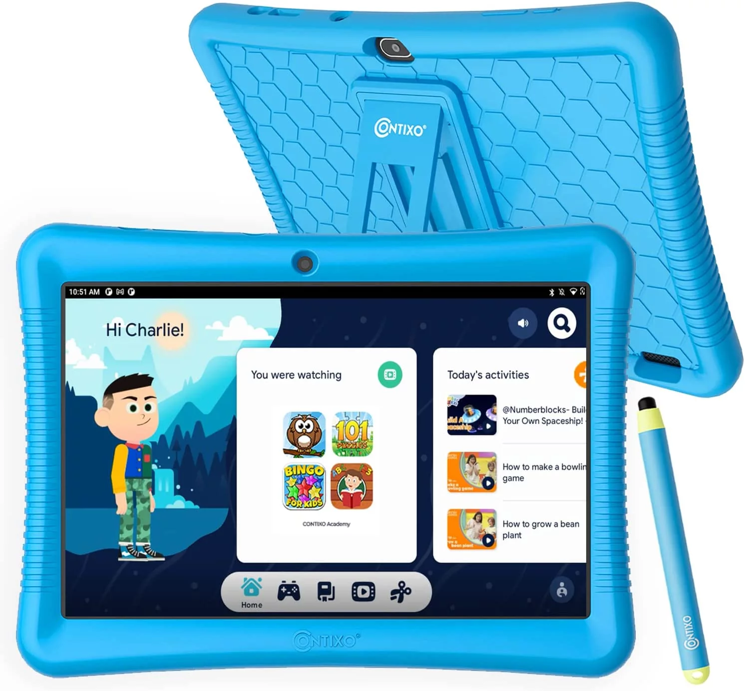 Contixo 10" Android Kids Tablet 64GB, Includes 80+ Disney Storybooks & Stickers, Kid-Proof Case with Kickstand & Stylus, (2023 Model) - Blue