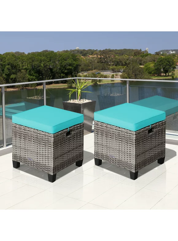 Costway 2PCS Patio Rattan Cushioned Ottoman Seat  Foot Rest TableTurquoise