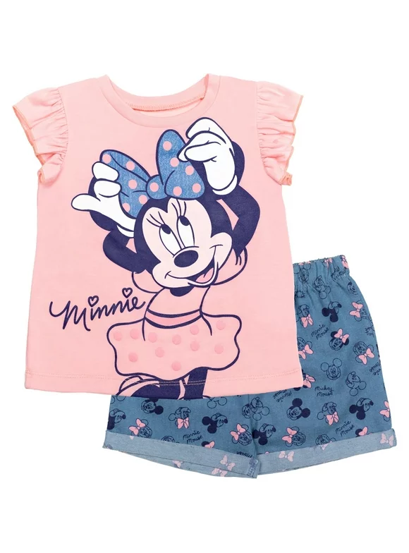 Disney Minnie Mouse Big Girls Graphic T-Shirt and Shorts Outfit Set Light Pink/Light Blue 10-12