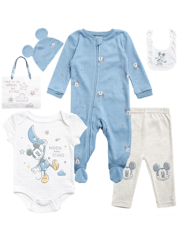 Disney Newborn Baby Layette Set - 7 Piece Mickey/Minnie Mouse & Winnie the Pooh Bodysuit, Coveralls, Sweatpants, Hat, Gift Bag (0-6M)