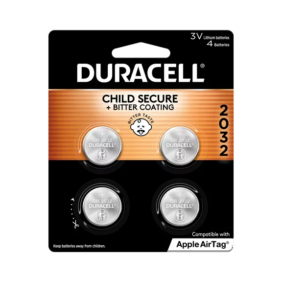 Duracell CR2032 3V Lithium Coin Battery with Child Safety Features, Compatible with Apple AirTag, Key Fob, Car Remote, Glucose Monitor, and other Devices, CR Lithium 3 Volt Cell (4 Count Pack)