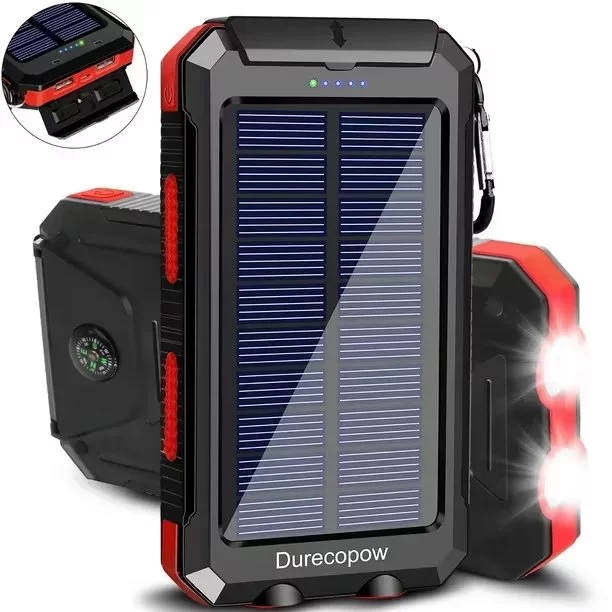 Durecopow Solar Charger for Cell Phone 20000mAh, Portable Solar Power Bank with Dual 5V USB Ports, 2 Led Light Flashlight, Compass (Red)