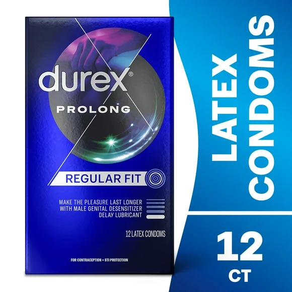 Durex Prolong Condoms, Ultra Fine, Ribbed, Dotted with Delay Lubricant Natural Rubber Latex Condoms for Men, FSA & HSA Eligible, 12 Count