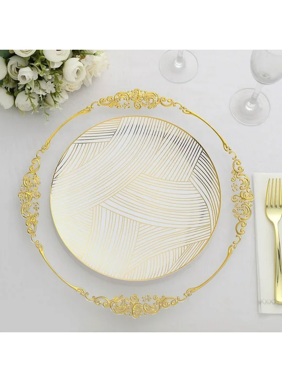 Efavormart 10 Pack | 10" White And Gold Wave Brush Stroked Plastic Dessert Plates, Disposable Appetizer Salad Plates