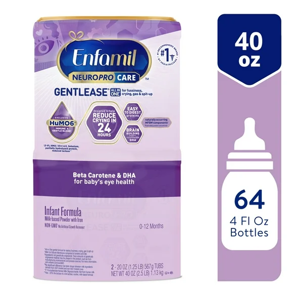  Enfamil NeuroPro Gentlease Baby Formula, Infant Formula Nutrition, Brain Support that has DHA, HuMO6 Immune Blend, Designed to Reduce Fussiness, Crying, Gas & Spit-up in 24 Hrs, Twin Tubs, 19.5 Oz