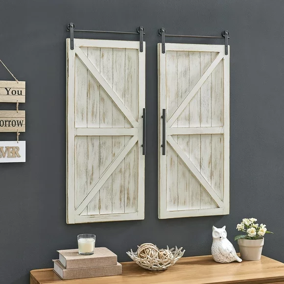 FirsTime & Co. White Carriage Barn Door Wall Plaque 2-Piece Set, Farmhouse, Framed, 14 x 2 x 34 in