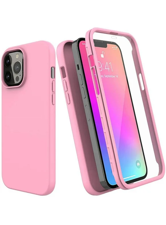 For Apple iPhone 13 Pro/ iPhone 13 Case with Built-in Screen Protector,Rugged PC Front Cover + Soft TPU Non-Slip Cover, Shockproof Full-Body Protective Case Cover - Pink