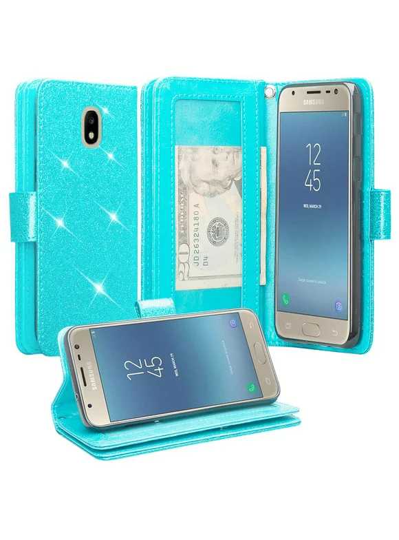 For Tracfone/StraightTalk Samsung Galaxy J3 Orbit (S367VL) Case Glitter u Leather Flip Wallet Case [ID&Credit Card Slots] Phone Cases&nbsp; - Teal