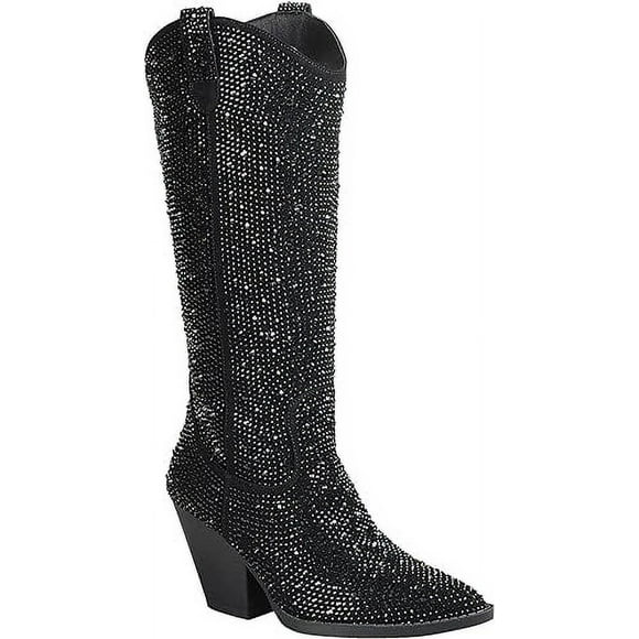 Forever Women Rhinestone Western Cowboy Pointed Toe Knee High Pull-on Boots