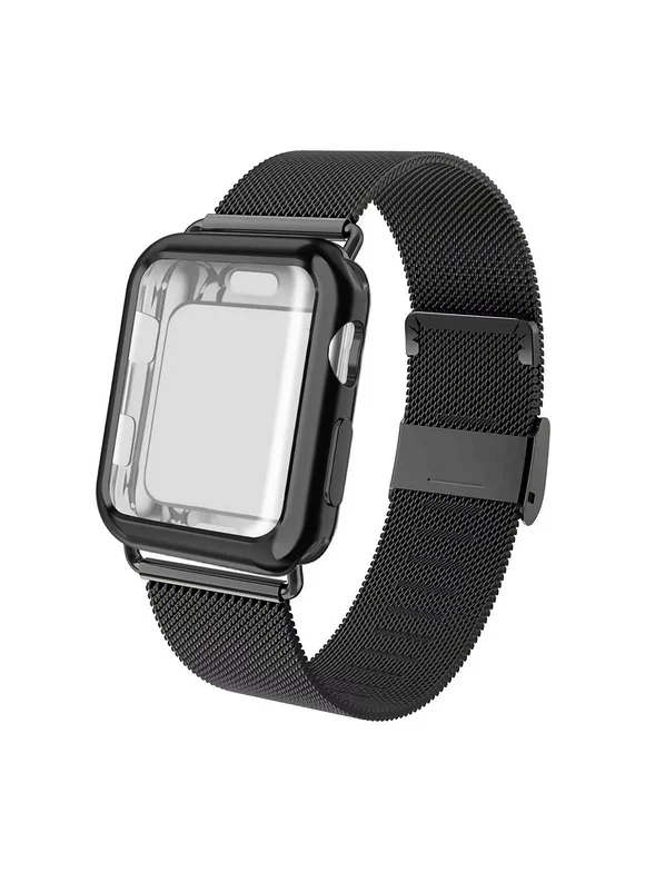Galaxy Wireless Compatible for Apple Watch Band 41mm Milanese Band with TPU Screen Protector Case for iWatch Series 7 8 9 SE - Black