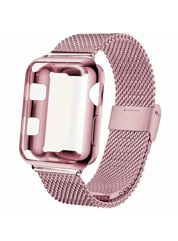 Galaxy Wireless Compatible for Apple Watch Band 45mm Milanese Band with Screen Protector Case for Apple iWatch Series 7 8 9 SE- Pink