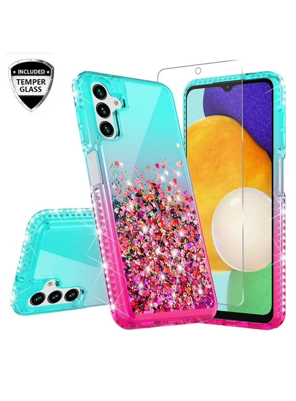Galaxy Wireless USA for Samsung Galaxy A14 5G Case Liquid Glitter Phone Case Cover with Tempered Glass Screen - Pink/Teal