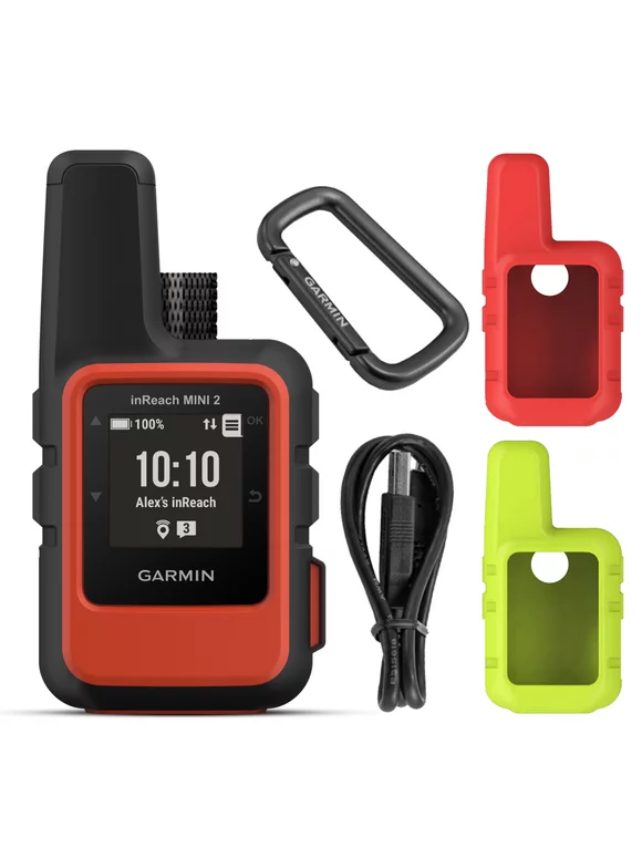 Garmin inReach Mini 2 Lightweight and Compact Satellite Communicator, Hiking Handheld, Flame Red with Wearable4U 2 Pack Cases Orange/Lime Bundle