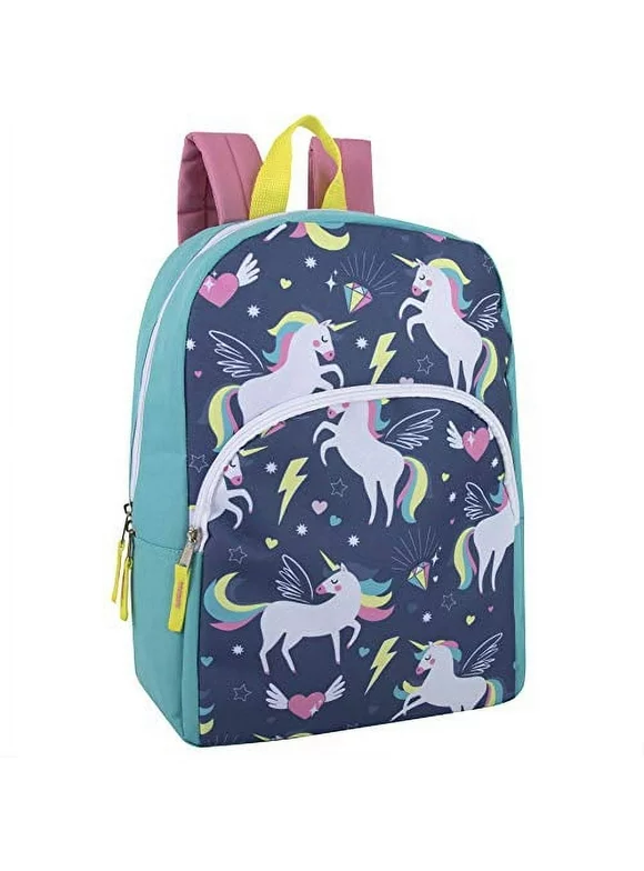 Girls 15"L Playful Printed Backpack with Padded Shoulder Straps and Front Zipper Pocket for Preschool, Kindergarten, Elementary, Camp, Traveling & Commuting in Flying Unicorns