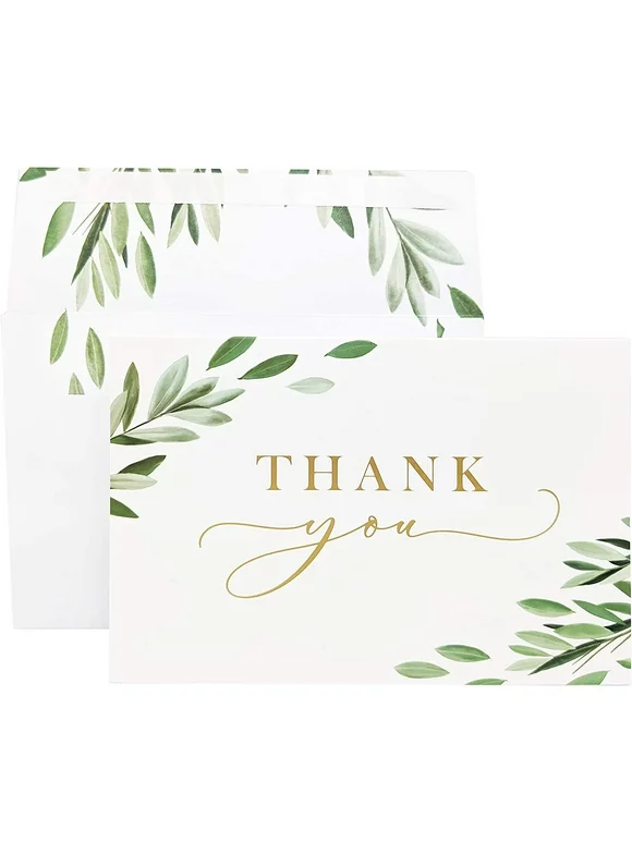 Gooji 4x6 Greenery Leaves Gold Foil Thank You Cards (Bulk 20-Pack) Matching Peel-and-Seal White Envelopes | Assorted Set