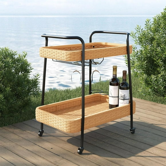 Grand Patio Outdoor & Indoor Wicker Rolling Bar Cart, 2-Tier Outdoor Serving Cart with Wheels Steel Frame, Patio Furniture, Natural