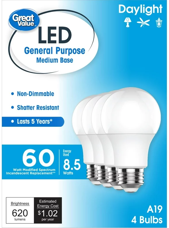 Great Value LED Light Bulbs, 60 Watts Eqv, Daylight, A19 General Purpose Light Bulbs, 5yr, 4pk