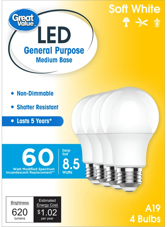 Great Value LED Light Bulbs, 60 Watts Eqv, Soft White, A19 General Purpose Light Bulbs, 5yr, 4pk
