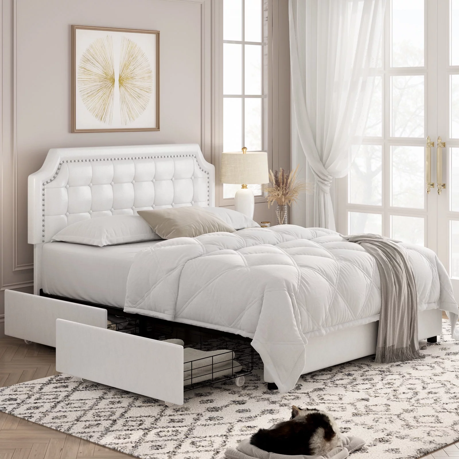 Homfa Full Size Storage Bed, 4 Drawers PU Leather Platform Bed Frame with Adjustable Upholstered Headboard, White