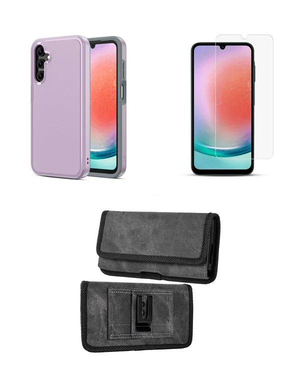Intact Series Phone Case for Samsung Galaxy A15 5G with Dual Layer Ultra-Slim Shockproof Armor Protector Cover, Screen Protector, Horizontal Nylon Card Slots Belt Holster Clip Pouch (Lilac Purple)
