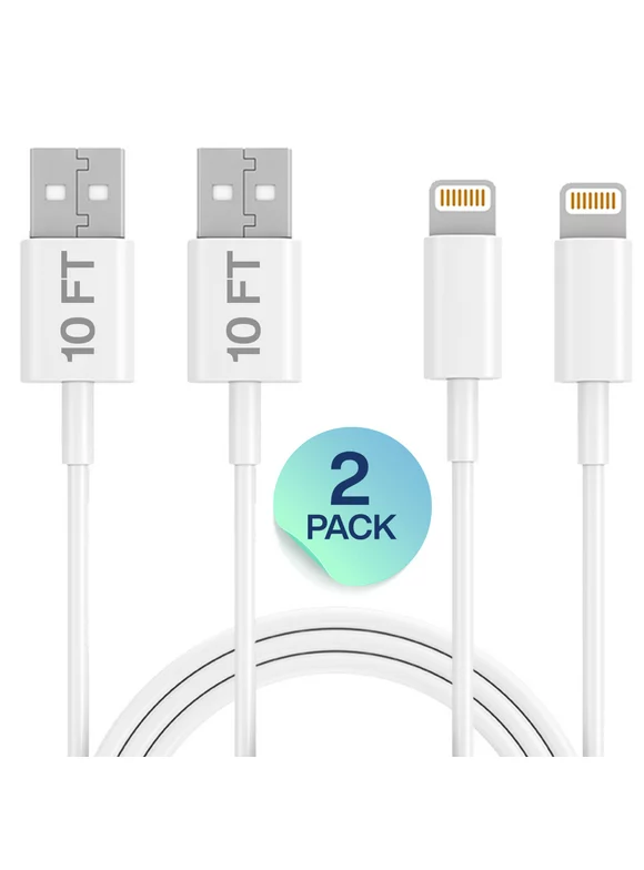 Ixir Charger Lightning Cable, 2 Pack 10FT USB Cable, Compatible with iPhone 13/12/11/ Xs, Xs Max, XR, X, 8, 8 Plus,  iPod Touch, Case, Charging & Syncing Cord