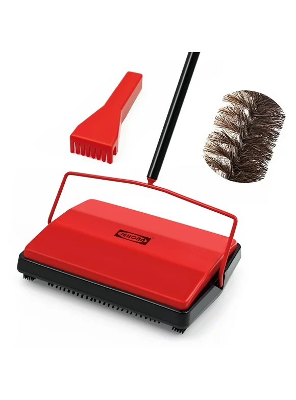 JEHONN Carpet Floor Sweeper with Horsehair, Non Electric Manual Sweeping (Red)