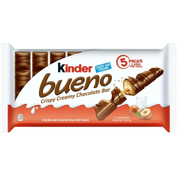 Kinder Bueno Milk Chocolate and Hazelnut Cream Candy Bar, 7.5 oz, 5 Packs of 2 Bars