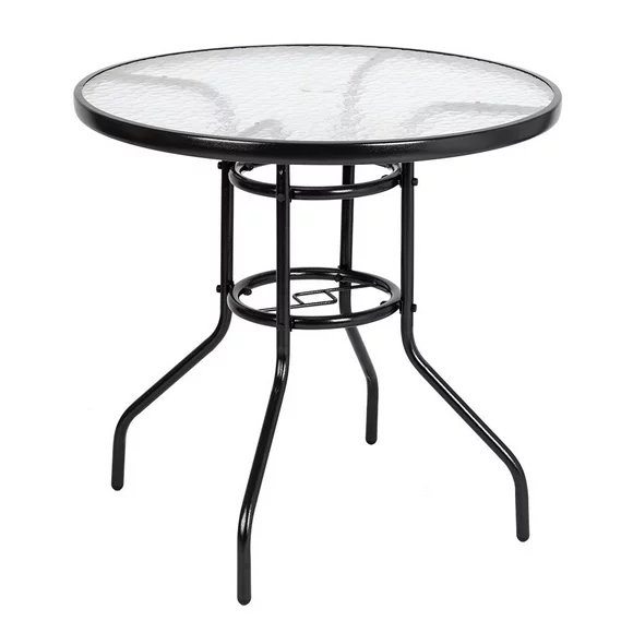 Ktaxon Outdoor Dining Table 31" Glass Surface Round Patio Table, Patio Glass Round Conversation Table w/ Umbrella Hole, Iron Frame, Garden, Poolside, Yard