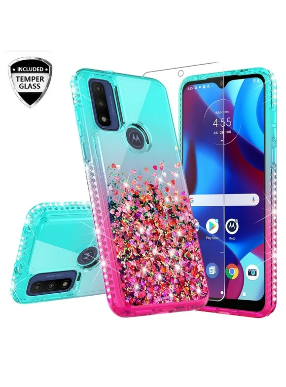 Liquid Quicksand Glitter Cute Phone Case for Moto G Play 2023/Moto G Pure/Moto G Power 2022 Case for Girls Women Clear Bling Diamond Phone Case Cover - Teal/Pink