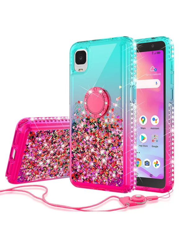 Liquid Quicksand Glitter Cute Phone Case for TCL ION Z / TCL A3 A509DL / TCL A30 / A30 Case Ring Kickstand for Girls Women Clear Bling Diamond Phone Case Cover - Pink/Teal