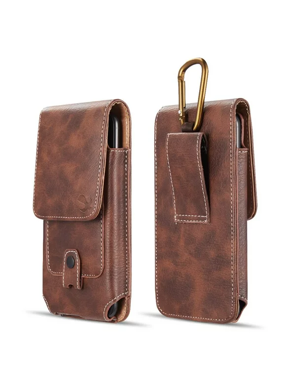 Luxmo Belt Holster for Samsung Galaxy A15 5G, Vertical PU Leather Phone Pouch Carrying Wallet Case with Magnetic Button Closure, Card Slots and Carabiner Clip - Brown