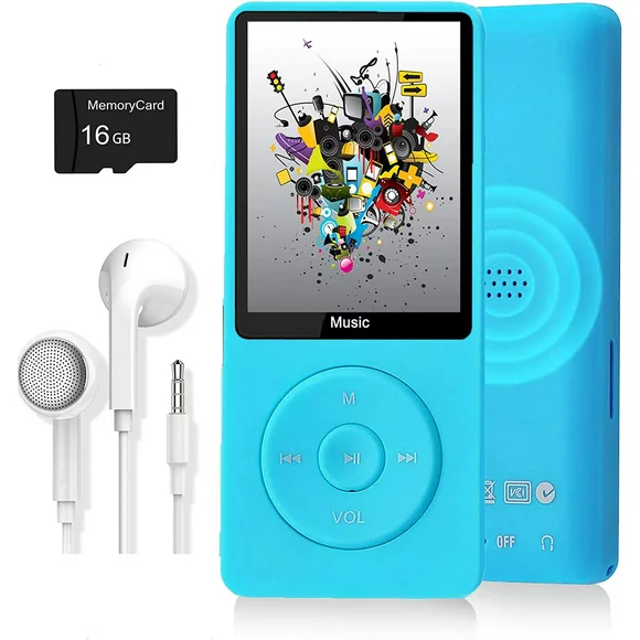 MP3 Player, Music Player with 16GB Micro SD Card, Build-in FM Radio/Video Play/Voice Recorder/E-Book Reader, Supports up to 128GB, Sky blue