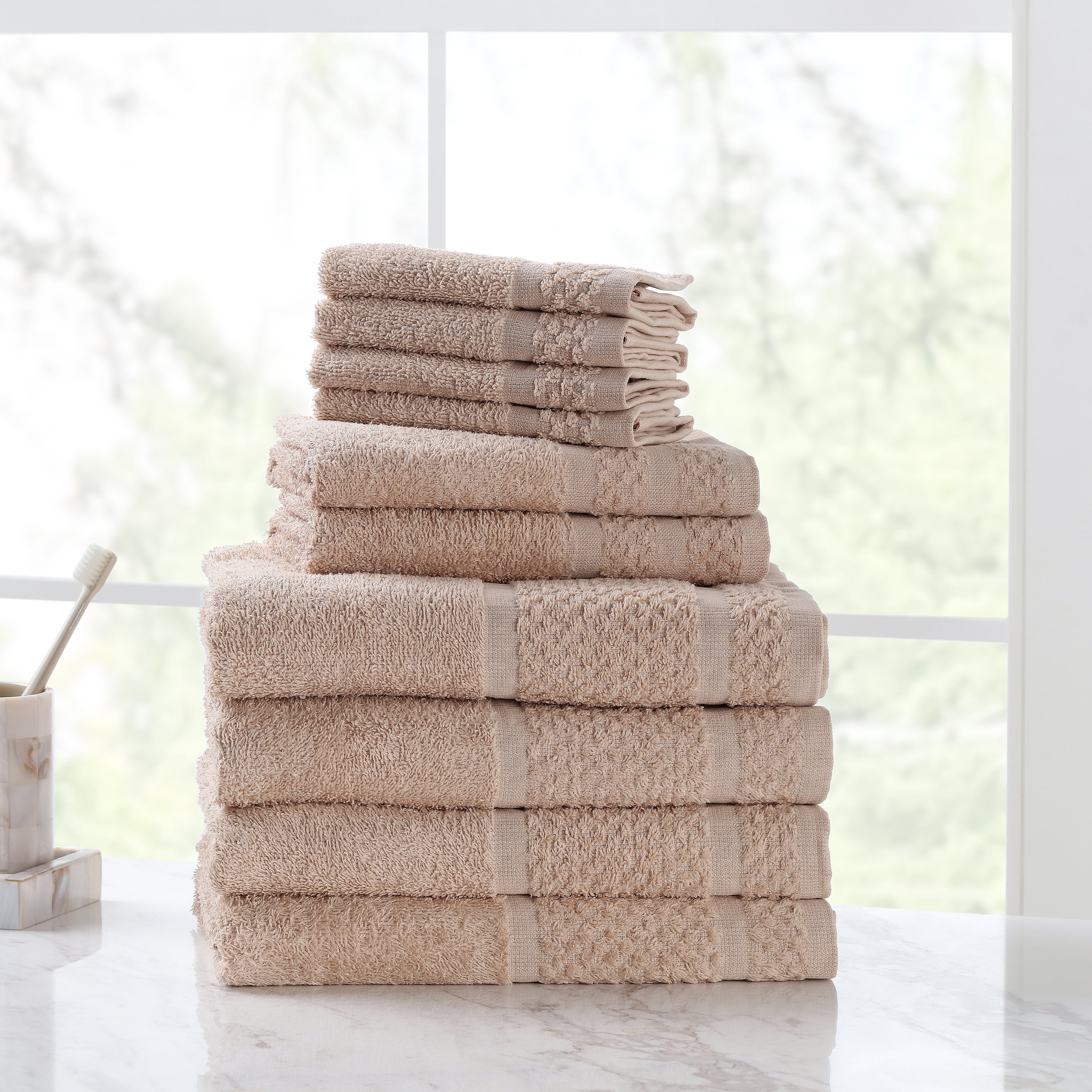Mainstays 10 Piece Bath Towel Set with Upgraded Softness & Durability, Vallejo Tan