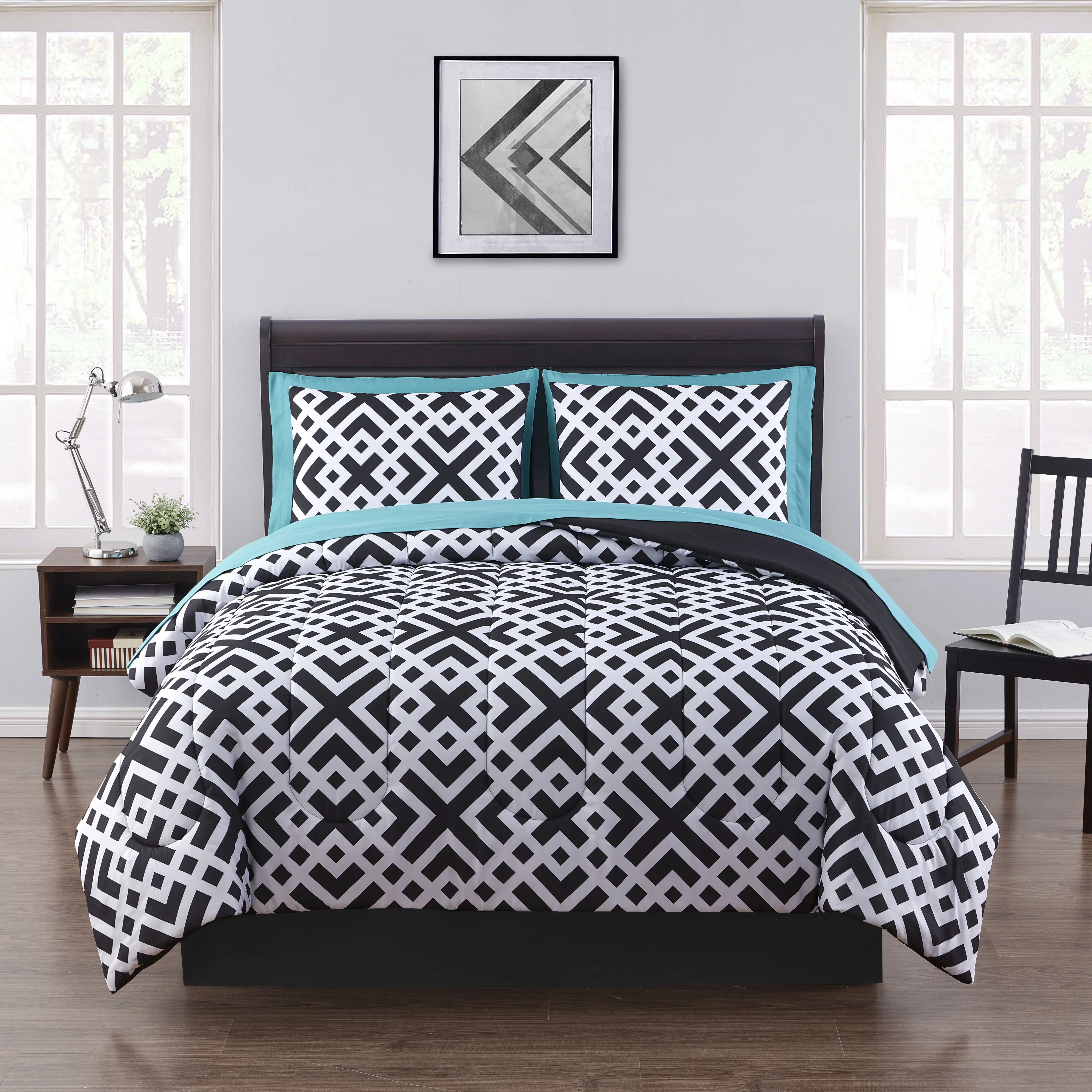 Mainstays Black Geometric 8 Piece Bed in a Bag Comforter Set With Sheets, King