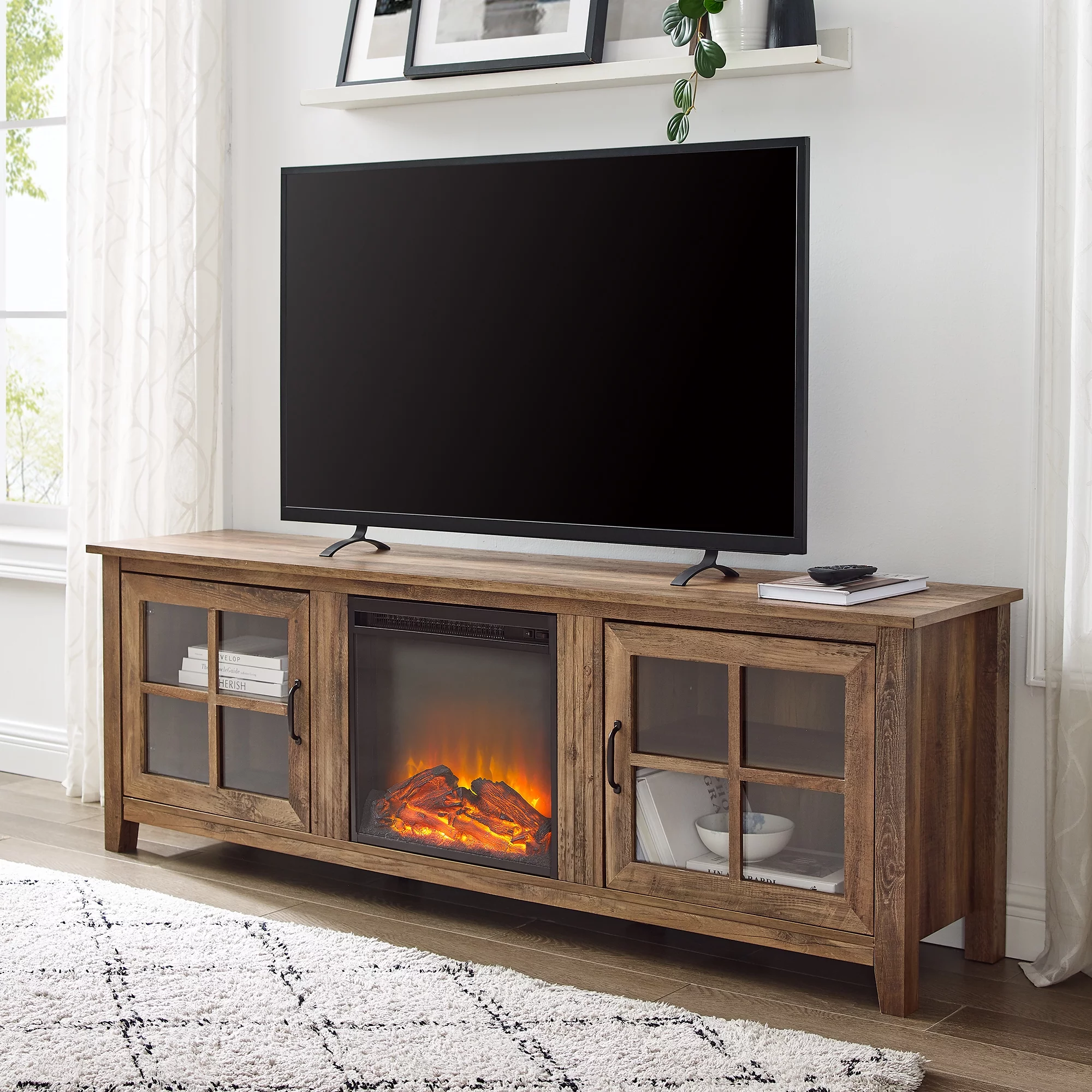 Manor Park Farmhouse Fireplace TV Stand for TVs Up to 80", Reclaimed Barnwood