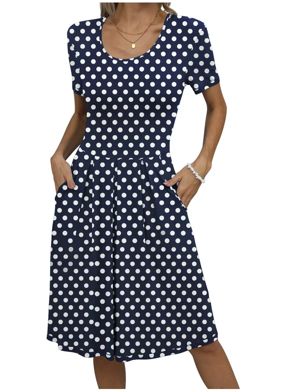 Mengpipi Dresses for Women Summer Casual Crew Neck Loose Flowy with Pockets, Polka Dots-L(US 12-14)
