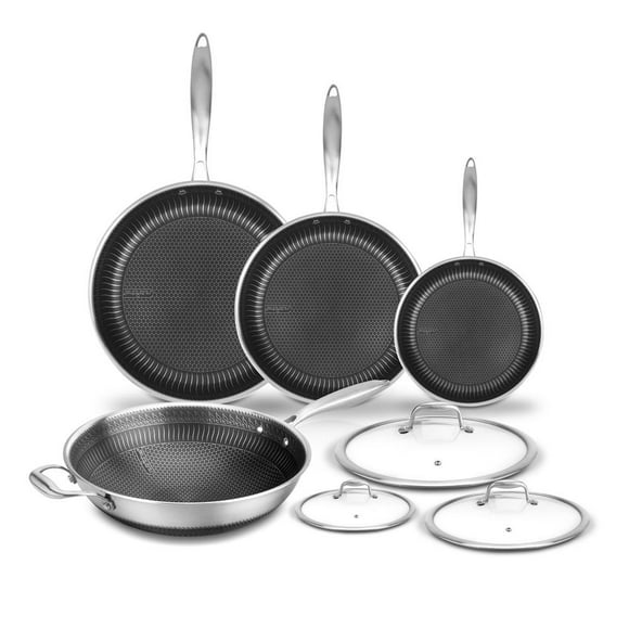 NutriChef NC3PLY7S 7-Piece Stainless Steel Cookware Set with Triply Technology and Non-Stick Coating - Ideal for Small, Medium, and Large Cooking, Includes Stir Fry Pans, Wok, and Lids
